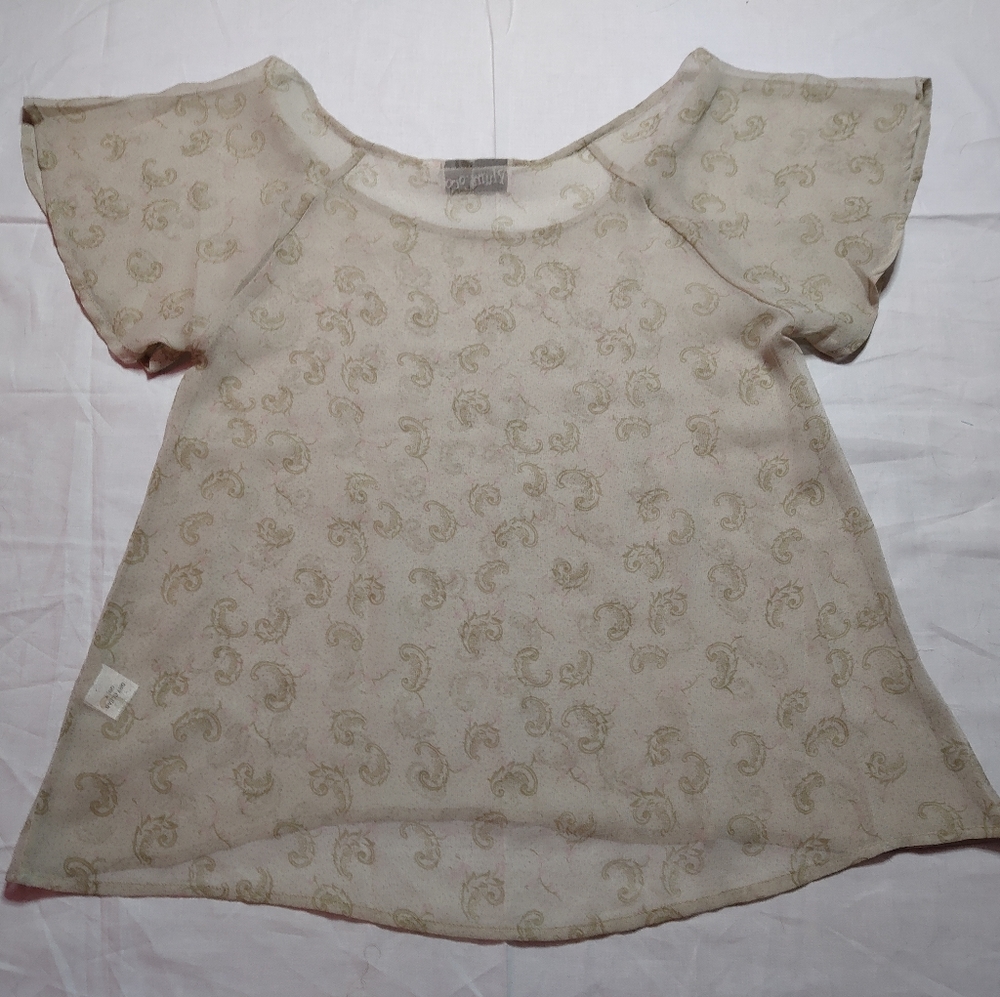 Plum Loco Blouse Women's Size 1 Beige Sheer Top Round Neck Short Sleeve Shirt - Picture 7 of 12